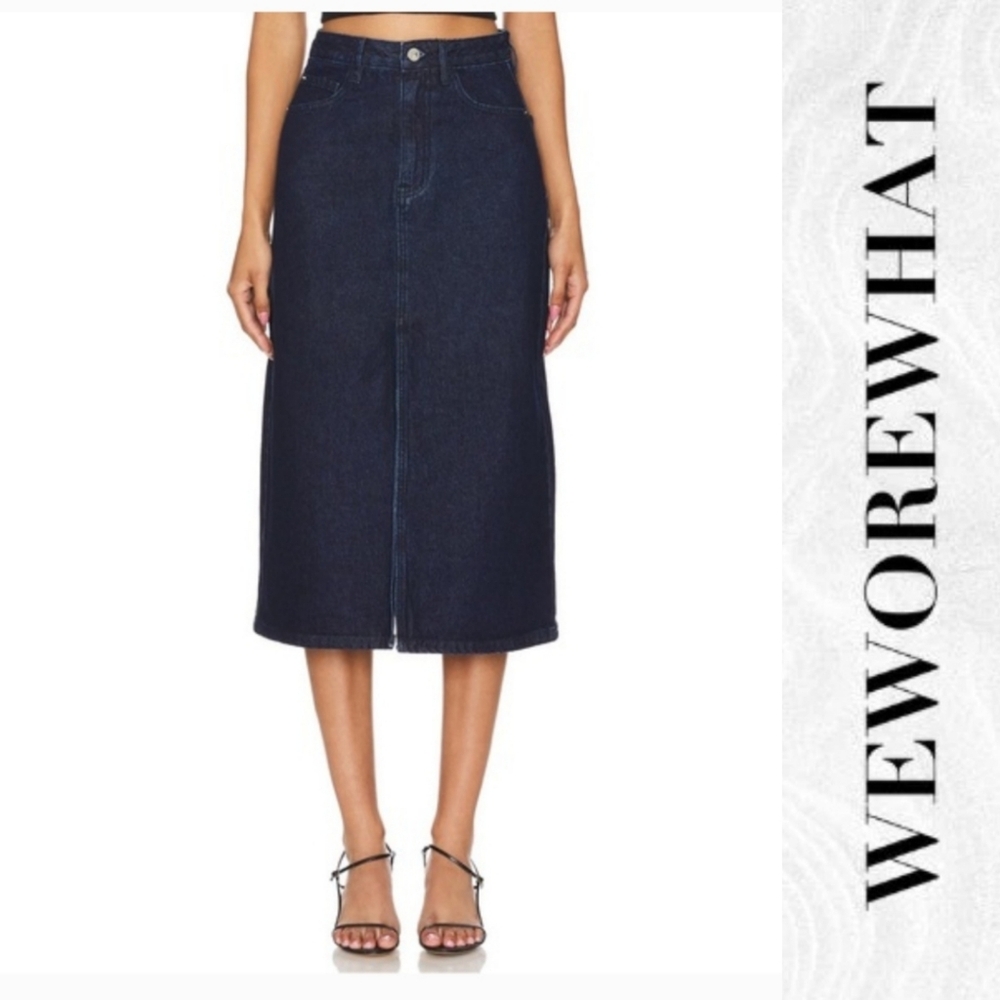 ⬇️WeWoreWhat Denim Midi Skirt With Front Split, Cotton, Dark Blue Wash